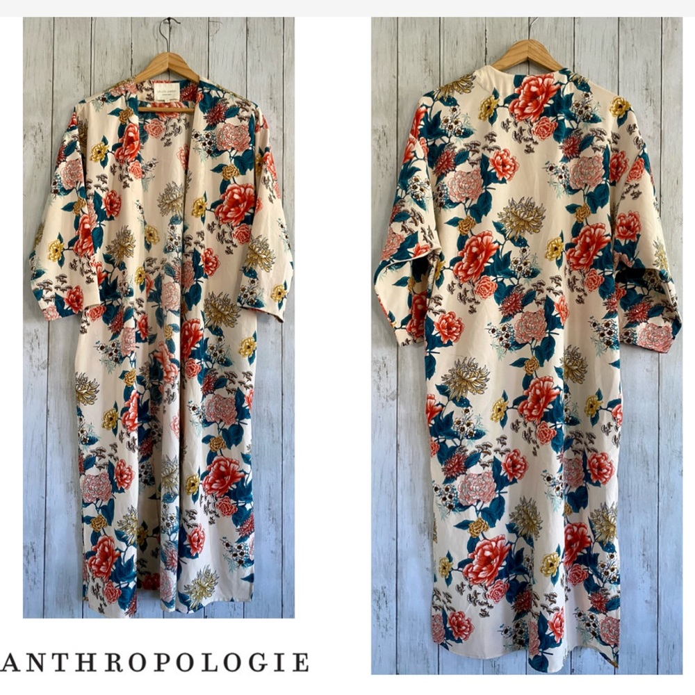 Anthropologie Cream Floral Duster with Red & Teal Flowers